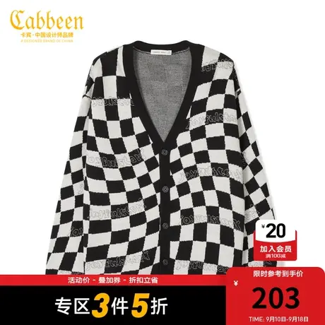 卡宾男装棋盘格毛衣外套秋冬款羊毛衫字母提花宽松开衫H商品大图