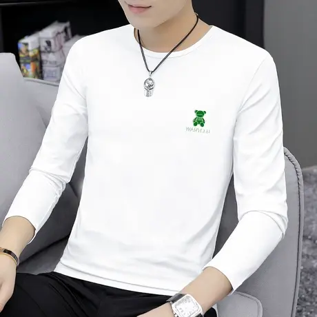 莫代尔白色t恤男长袖春季薄款圆领上衣服小熊潮流内搭打底衫秋衣商品大图