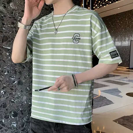 条纹短袖t恤男士夏季潮流宽松圆领半袖体恤帅气百搭休闲夏装上衣商品大图