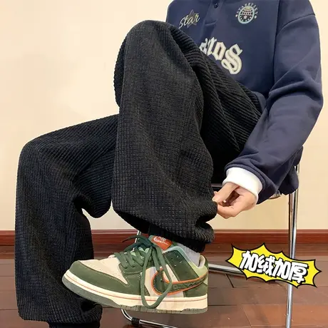 港风宽松灯芯绒裤子男秋冬季加绒加厚运动休闲裤纯色阔腿束脚长裤商品大图