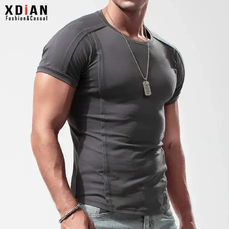 男士修身短袖T恤纯棉打底衫夏季纯色圆领紧身半袖显肌肉体恤上衣商品大图