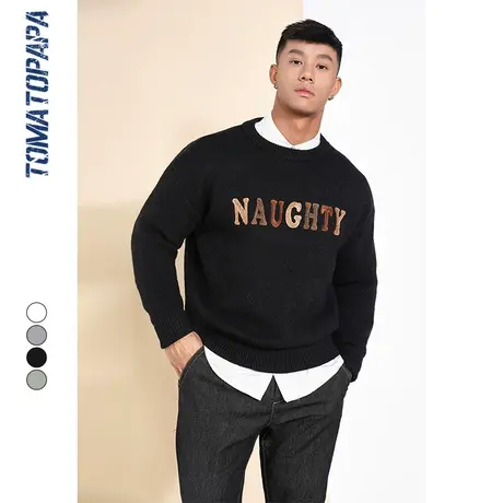 TOMATOPAPA秋季原创美式圆领长袖男休闲宽松针织衫保暖男士上衣商品大图