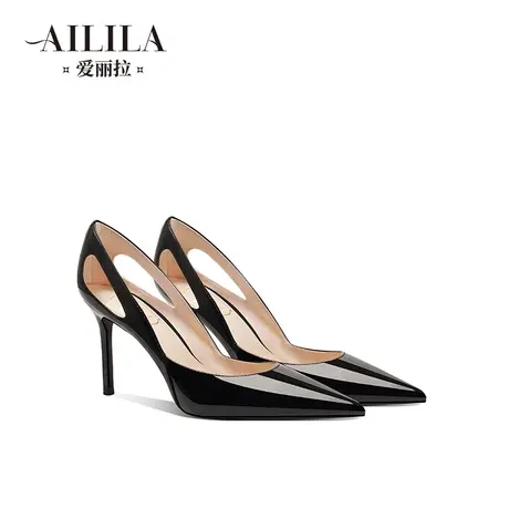 爱丽拉黑色漆皮高跟鞋女夏季2023新款细跟尖头气质单鞋小众不累脚商品大图