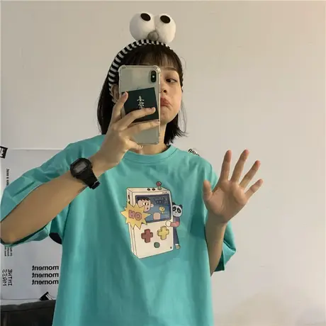 2023夏季新款原创卡通熊猫cec超火学院风上衣宽松纯棉短袖T恤女生商品大图