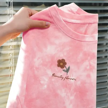 粉色纯棉短袖t恤女扎染半袖2023夏季新款宽松体恤夏款设计感上衣商品大图
