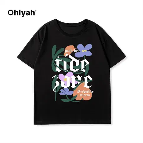 Ohlyah潮牌植物花卉系列2023春夏男女印花朵T恤复古宽松纯棉短袖图片