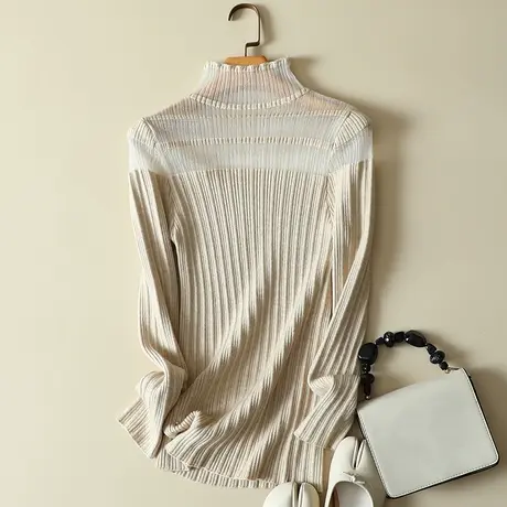 秋装女2023年新款蕾丝拼接透明半高领内搭针织打底衫显瘦洋气毛衣商品大图