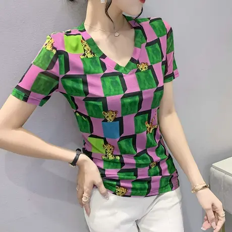 网纱短袖T恤女2023夏季新款欧货性感V领打底小衫创意印花洋气上衣商品大图
