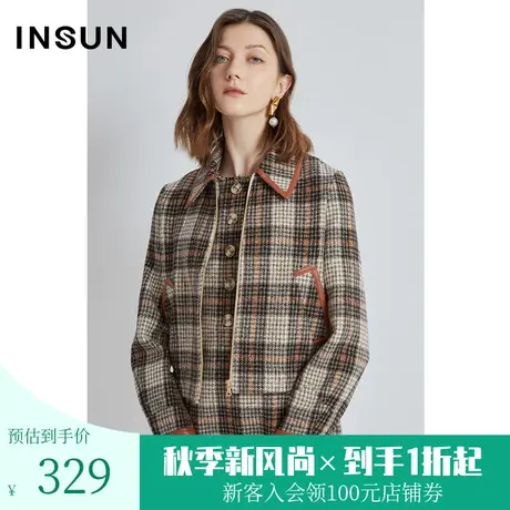 影儿恩裳冬季时尚条纹宽松短款休闲绵羊毛粗花呢外套女图片