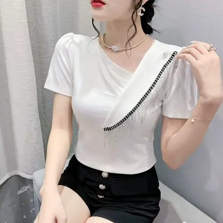 欧货个性网红T恤女短袖夏设计感小众流苏上衣不规则斜领修身小衫商品大图