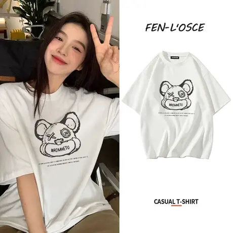 短袖t恤女2023年新款夏季正肩宽松ins潮牌日系街头印花设计感上衣商品大图