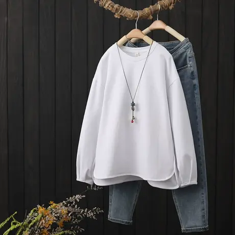 秋冬季新款加绒白色长袖t恤女装小众纯棉打底衫保暖内搭圆领上衣商品大图