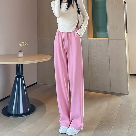 粉色阔腿裤女春秋2023年新款宽松休闲直筒卫裤子高街运动裤ins潮商品大图