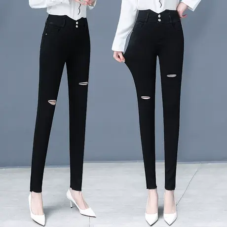 破洞小脚牛仔裤女春季2023新款复古时尚高腰显瘦弹力显瘦铅笔裤子图片