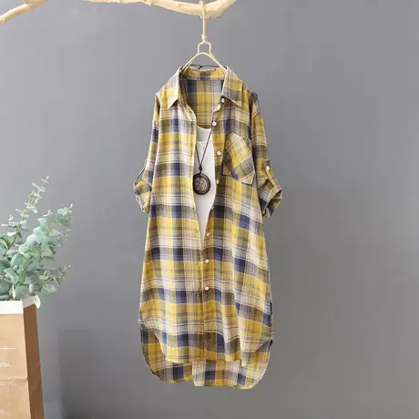 文艺中长款休闲格子衬衫女宽松2023新款春装韩版前短后长衬衣打底商品大图