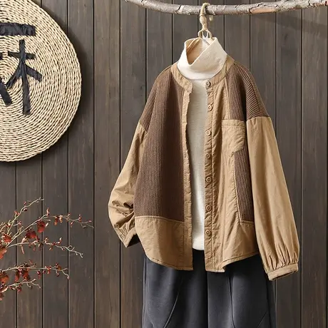 枫谜2022年冬季新款文艺复古针织拼接棉服宽松显瘦短款夹棉外套图片