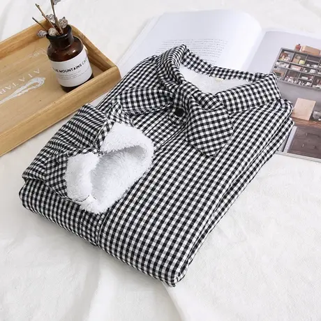 黑白文艺小清新格子加绒衬衫女长袖保暖冬款学生加厚衬衣百搭打底图片