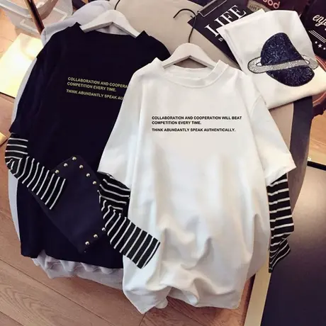 2023年秋季新款女装上衣ins条纹拼接假两件宽松大码长袖t恤打底衫图片