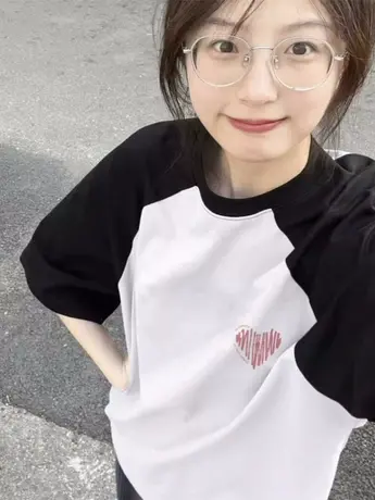 美式复古白色仿棉短袖t恤女夏季2023年新款拼色正肩女装上衣ins潮商品大图