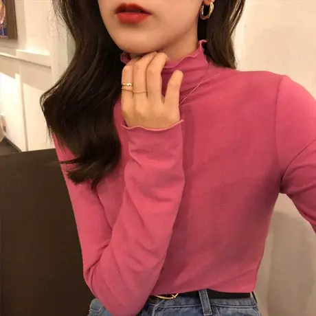 半高领百搭木耳边长袖t恤女春秋薄款韩版ins潮原身打底衫初秋上衣图片