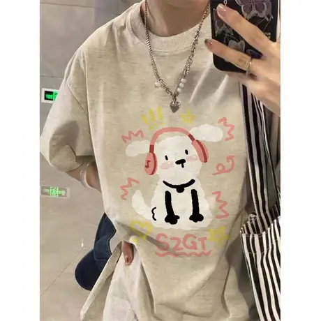 灰色复古港味chic短袖t恤女夏季2023新款宽松美式hiphop上衣高街图片