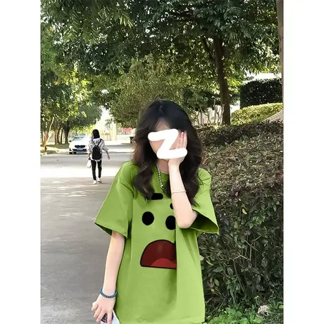 纯棉短袖t恤女2023新款夏季美式复古小众设计感港风chic宽松上衣商品大图