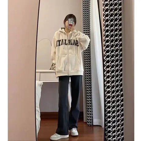 开衫卫衣女大码秋冬季加绒加厚oversize美式高街小众潮牌ins外套图片