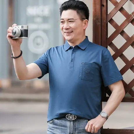 爸爸装短袖polo衫男士中年全棉刺绣t恤口袋纯色T恤父亲夏季上衣服商品大图