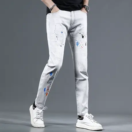 高街破洞牛仔裤男2023夏季新款潮牌修身小脚弹力补丁男士裤子薄款商品大图