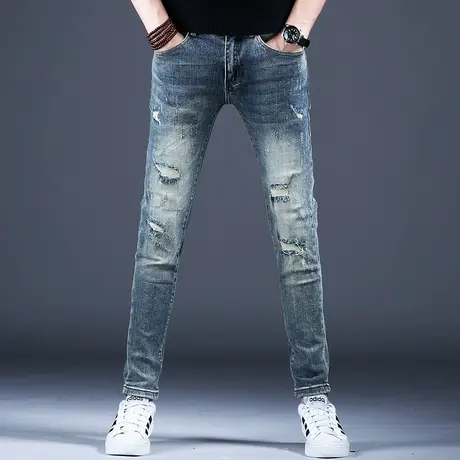 男士新款秋季牛仔裤男款修身破洞补丁做旧小脚裤子男2023休闲男裤图片