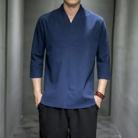 中国风秋薄款亚麻T恤禅服茶服居士服青年唐装复古风棉麻汉服男装商品大图