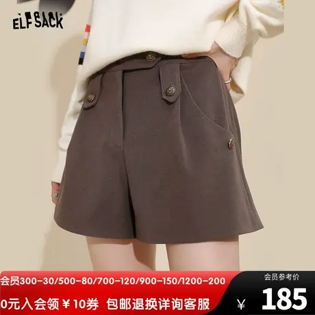 妖精的口袋棕色毛呢裤女2022秋冬季新款高腰短裤外穿宽松休闲裤子商品大图