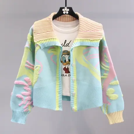 复古拼色海军领毛衣外套女秋冬2023年新款宽松设计感短款针织开衫图片