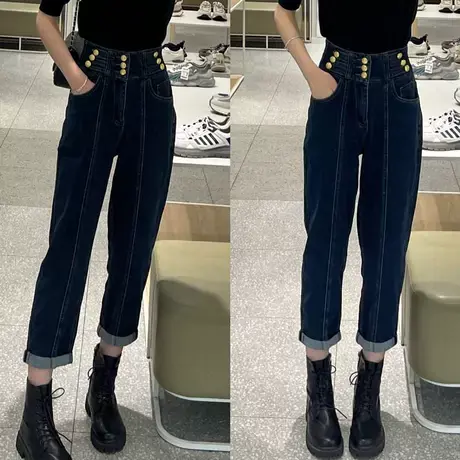 2023新款小众设计感宽松显瘦哈伦老爹裤潮欧货三排扣高腰牛仔裤女商品大图