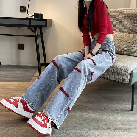 直筒牛仔裤女春秋2023新款高腰垂感百搭显瘦撞色宽松小个子阔腿裤图片
