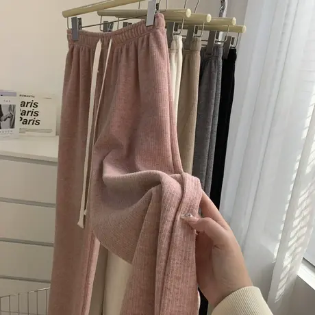 磨毛坑条针织加绒裤女慵懒百搭宽松加绒直筒裤2022冬季显瘦阔腿裤图片
