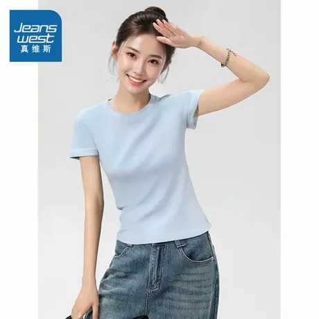 NOB真维斯蓝色紧身t恤女2025新款夏季流行正肩修身小个子运动短袖商品大图