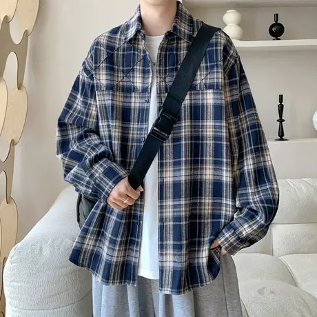 美式复古休闲格子衬衫男春季新款大码内搭衬衣服oversize长袖外套商品大图