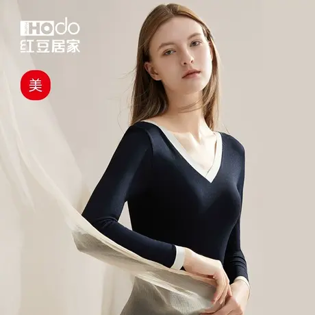 【美感】红豆秋衣秋裤女美体内衣V领修身显瘦无缝打底衫保暖套装商品大图