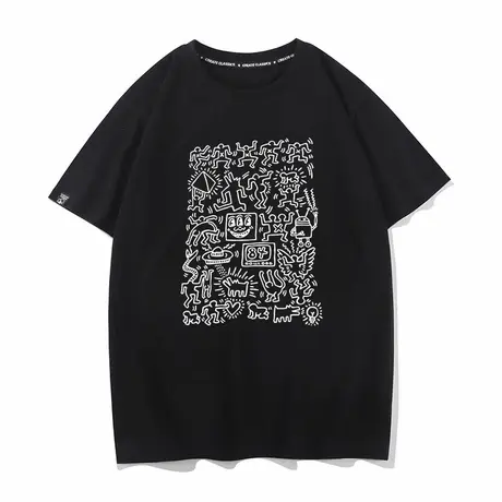 秀洛美式手绘插画情侣款短袖圆领T恤男潮牌卡通纯棉艺术生打底衫商品大图
