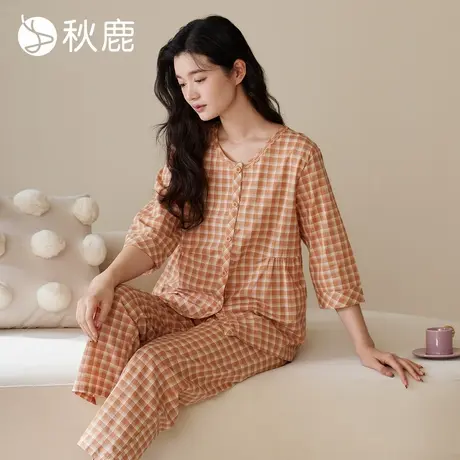 秋鹿优雅圆领显瘦柔软梭织纯棉睡衣女夏季七分袖九分裤格子家居服商品大图