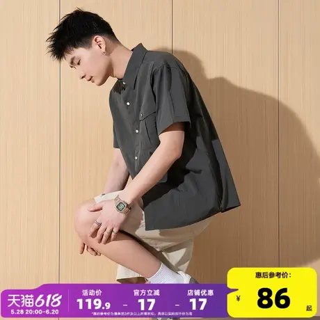 唐狮2025夏季新款纯色短袖衬衫男日系宽松休闲百搭复古衬衣外套男商品大图