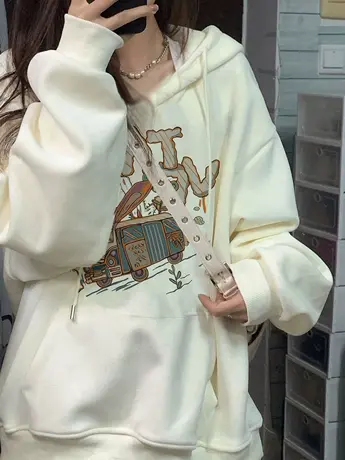 加绒连帽卫衣女韩系chic慵懒风上衣ins潮秋冬季大码加厚奶系外套商品大图