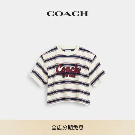 【新品】COACH/蔻驰女士草书体COACH文字条纹短款T恤短袖上衣棉质图片