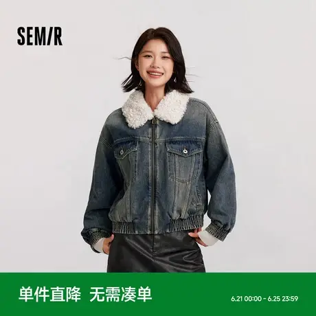 [商场同款]森马牛仔外套女夹棉宽松街头2024冬新款翻领夹克酷飒风商品大图