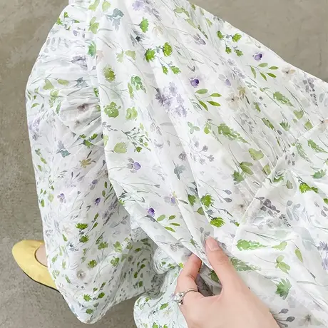 小碎花拼接半身裙女夏季薄款高腰宽松垂感大摆a字绿色中长款伞裙商品大图