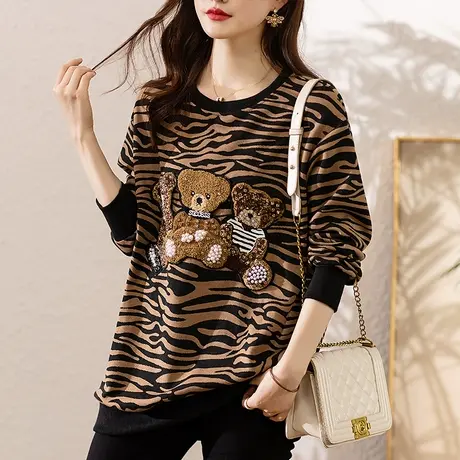 豹纹长袖卫衣女春秋新款宽松加大码女装中年妈妈减龄百搭薄款上衣商品大图