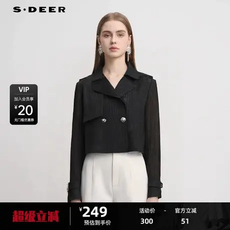 sdeer圣迪奥女装法式OL风翻领格子拼接短款外套S244Z2203图片