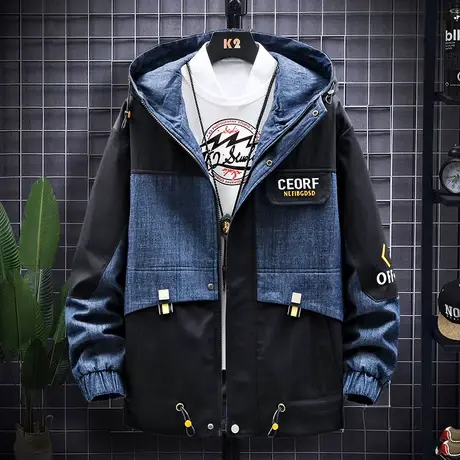 外套男士2023春秋季新款潮流宽松男装上衣服潮牌工装拼接牛仔夹克商品大图