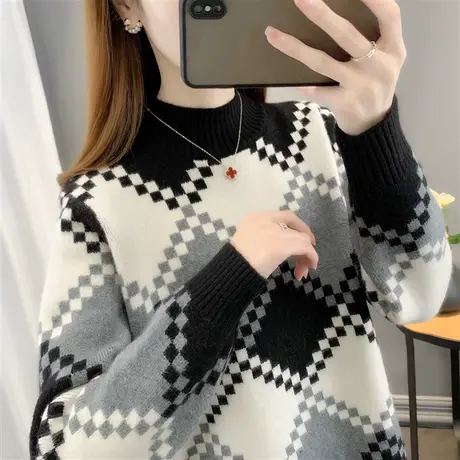 爆款菱格半高领毛衣女冬厚2022新款套头洋气内搭针织打底衫女上衣图片